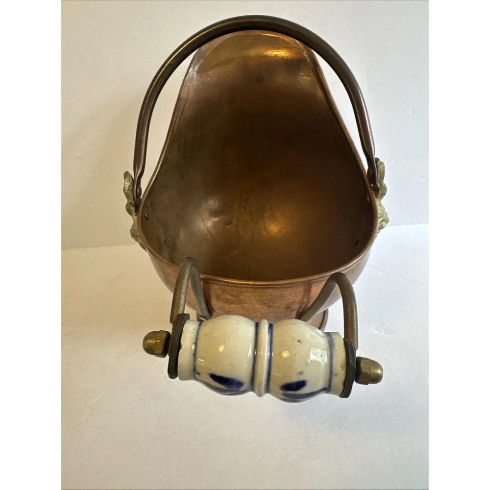 Copper Brass Coal Scuttle/Ash Bucket w/Porcelain Cherub Face 8